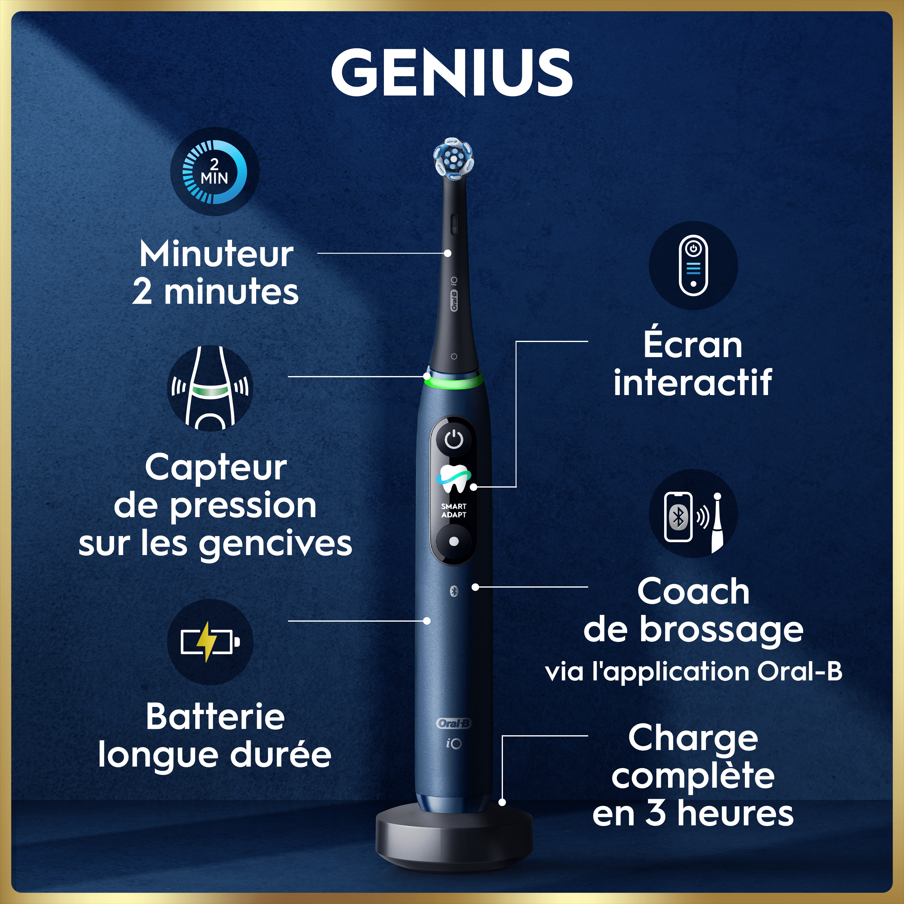Brosse à dents électrique Oral-B iO9 | Bleu Saphir | 3 brossettes | Chargeur Magnétique Rapide | Étui de Voyage de Charge | Pochette de Chargeur | Porte-brossettes