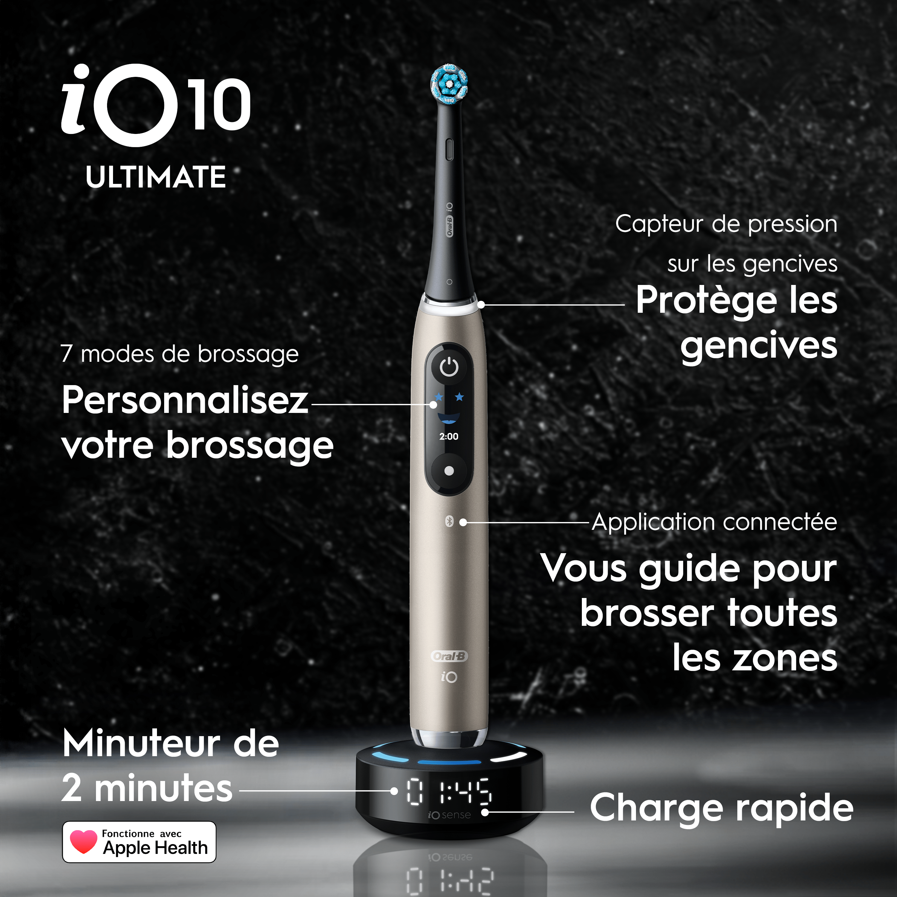 Pack Oral-B iO10 Gold - Sensibilité avec : 1 brosse à dents électrique + 2 dentifrices + 6 brossettes + 1 étui de voyage
