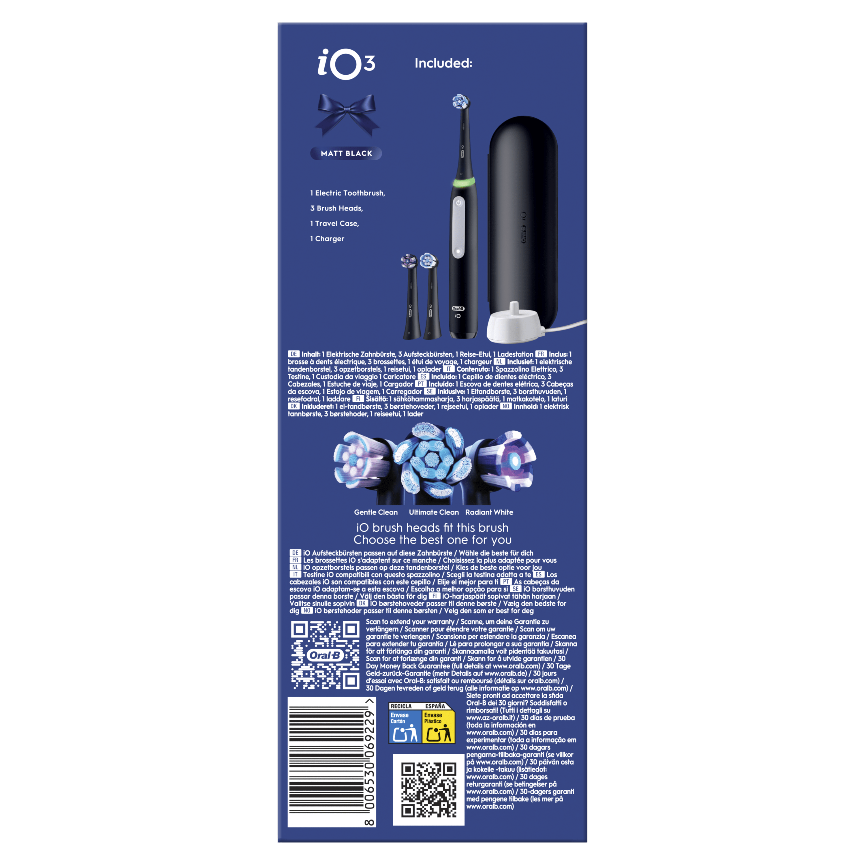 Oral-B iO 3 Brosse À Dents Électrique Noire, 1 Brossette, 1 Étui De Voyage
