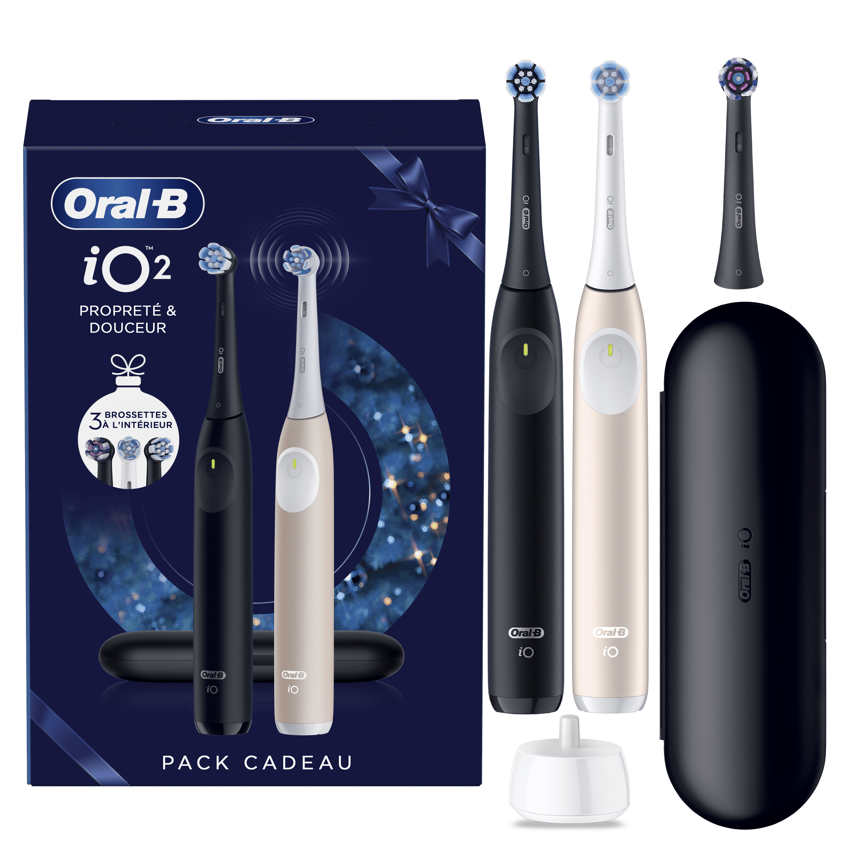 Oral-B iO2 DUO Brosses À Dents Électriques Noire et Rose Clair, 3 Brossettes, 1 Étui De Voyage