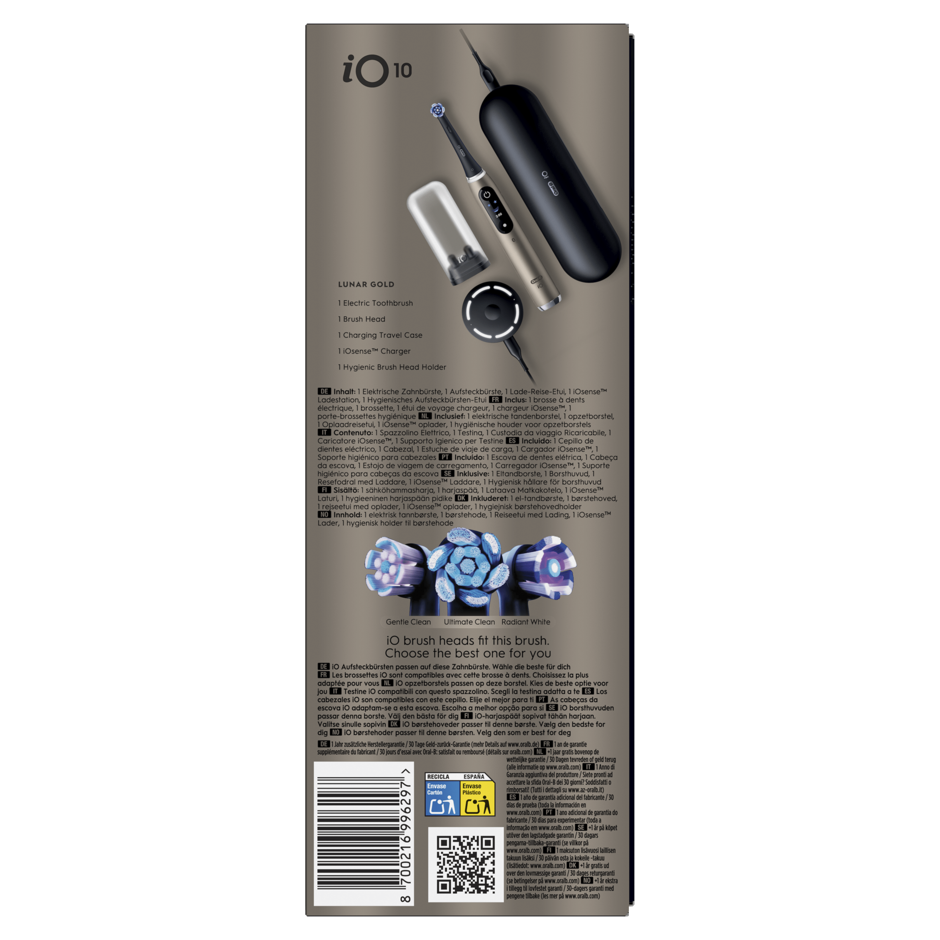 Oral-B iO 10 Brosse À Dents Électrique Lunar Gold, 1 Brossette Ultimate Clean, 1 Chargeur Magnétique Rapide avec Coach de Brossage iO Sense, 1 Étui de Voyage Chargeur, 1 porte-brossettes hygiénique