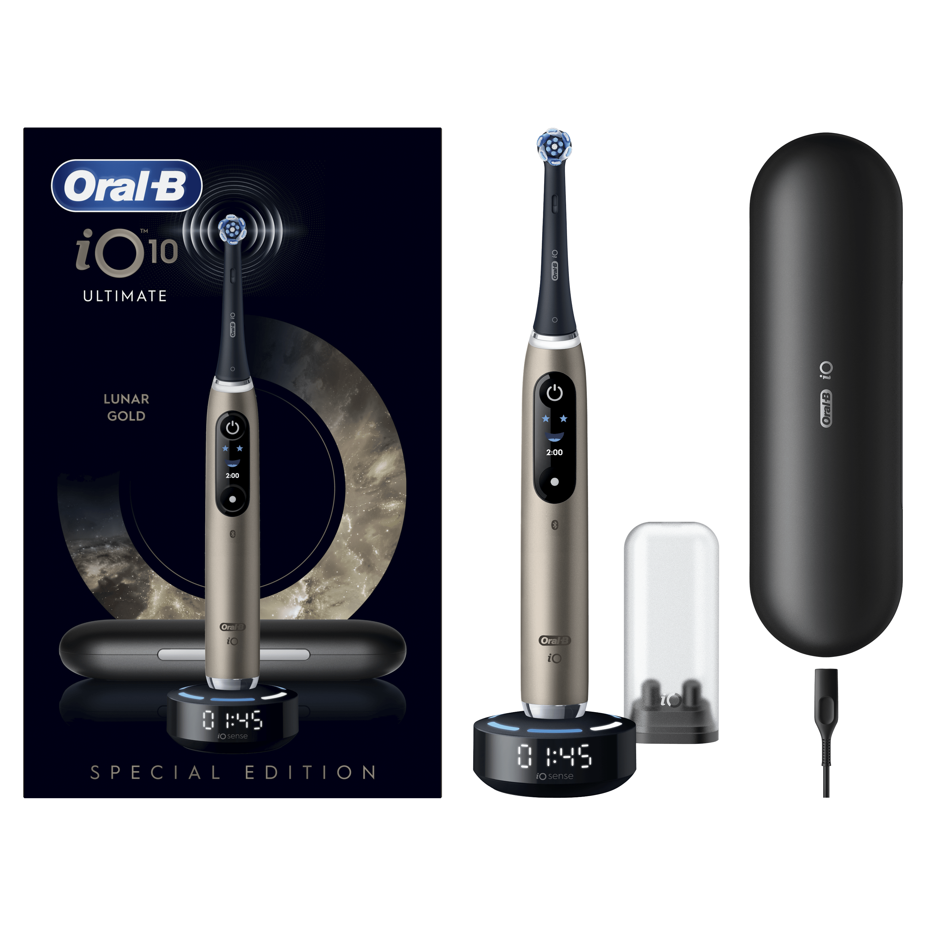 Oral-B iO 10 Brosse À Dents Électrique Lunar Gold, 1 Brossette Ultimate Clean, 1 Chargeur Magnétique Rapide avec Coach de Brossage iO Sense, 1 Étui de Voyage Chargeur, 1 porte-brossettes hygiénique
