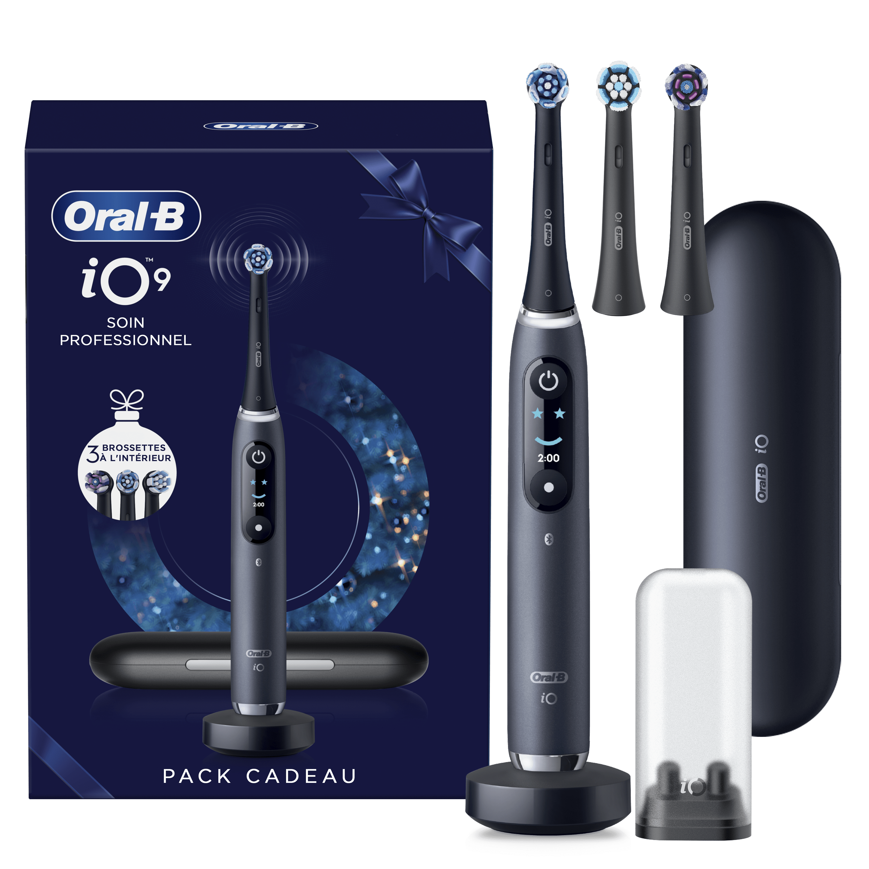 Image montrant le coffret cadeau de la brosse à dents électrique iO Series 9. À gauche, la boîte avec le texte « soin professionnel ». À droite, le contenu du coffret comprenant une brosse à dents électrique noire, deux brossettes de rechange supplémentaires, un chargeur, un support pour brossettes et un étui de voyage.