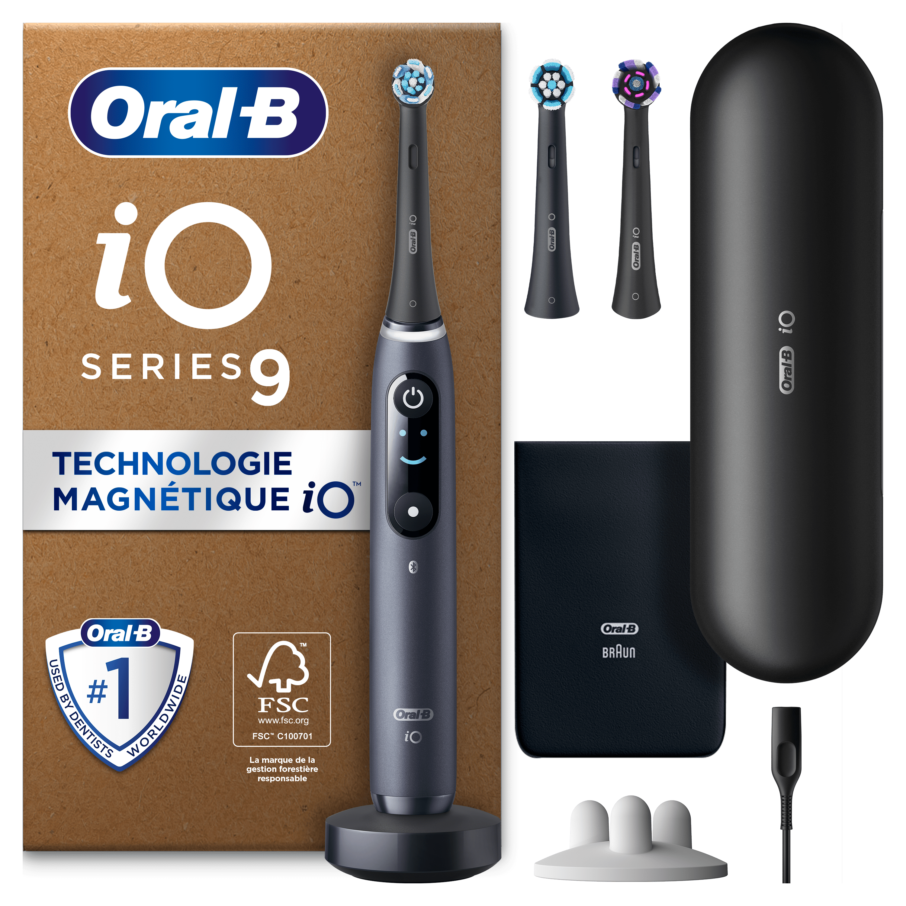 Oral-B iO 9 Brosse à Dents Électrique Noire + Brossettes iO Gentle Care Noires, Lot de 2