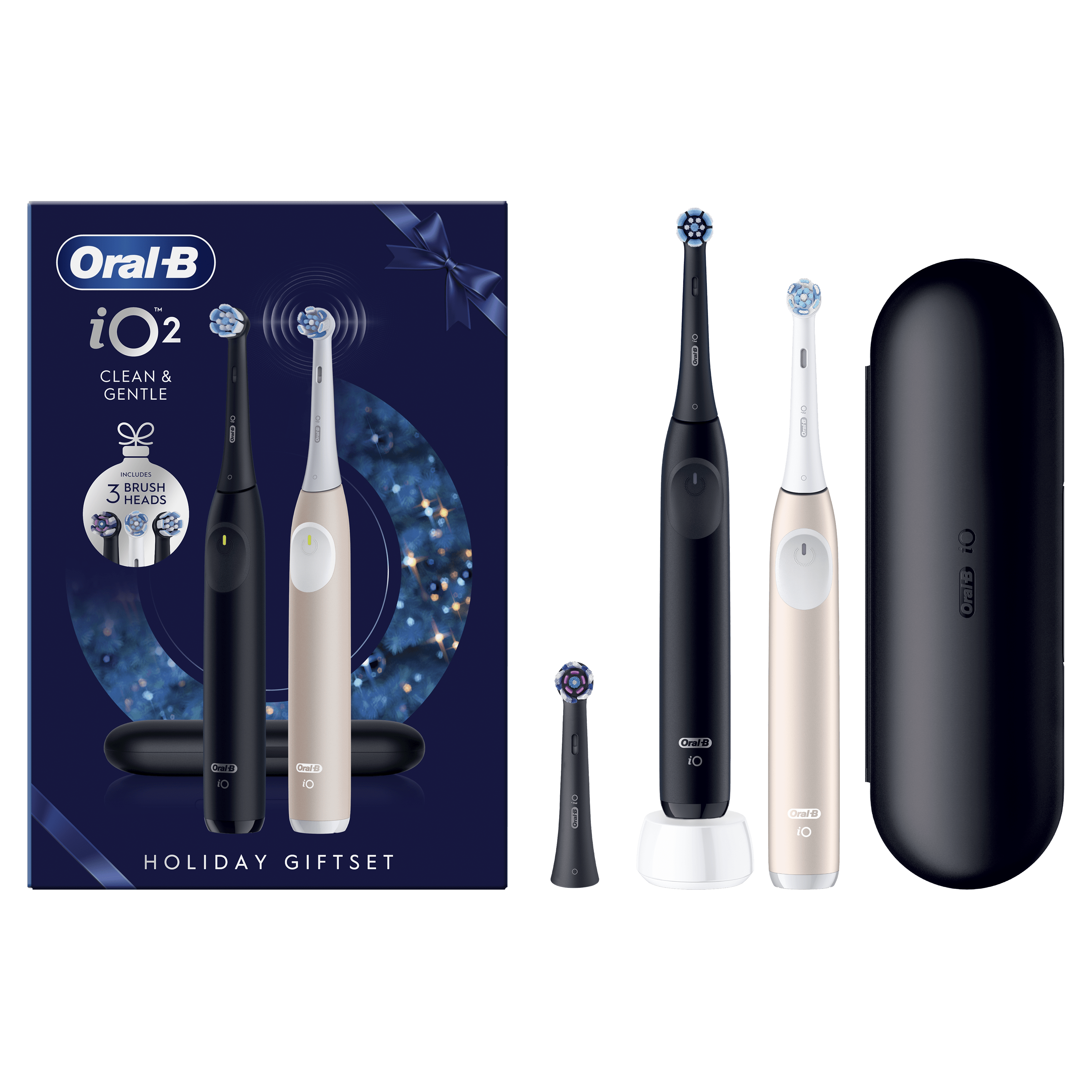 Oral-B iO2 DUO Brosses À Dents Électriques Noire et Rose Clair, 3 Brossettes, 1 Étui De Voyage
