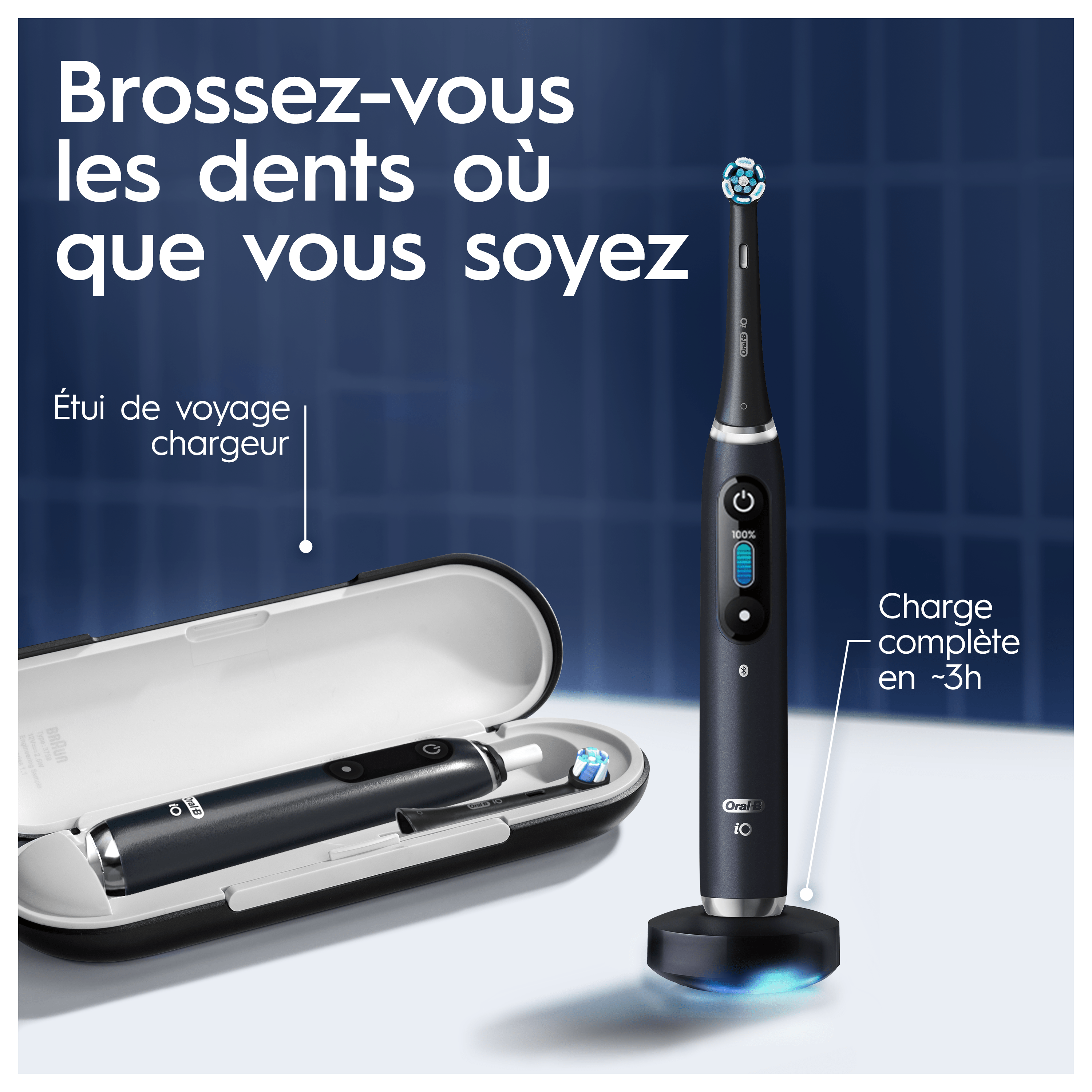 Oral-B iO 9 Brosse à Dents Électrique Noire, 3 Brossettes, 1 Étui de Voyage Chargeur, 1 Pochette, 1 Porte-Brossettes